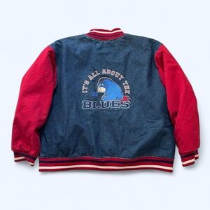 Vintage 1990s Winnie the Pooh Eeyore Red and Blue Varsity Denim Jacket XL